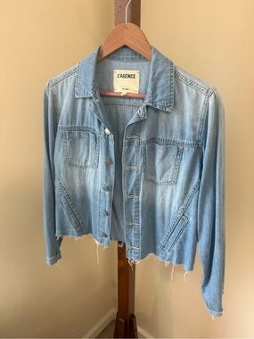 L'AGENCE Faded Light Blue Cropped Denim Jacket